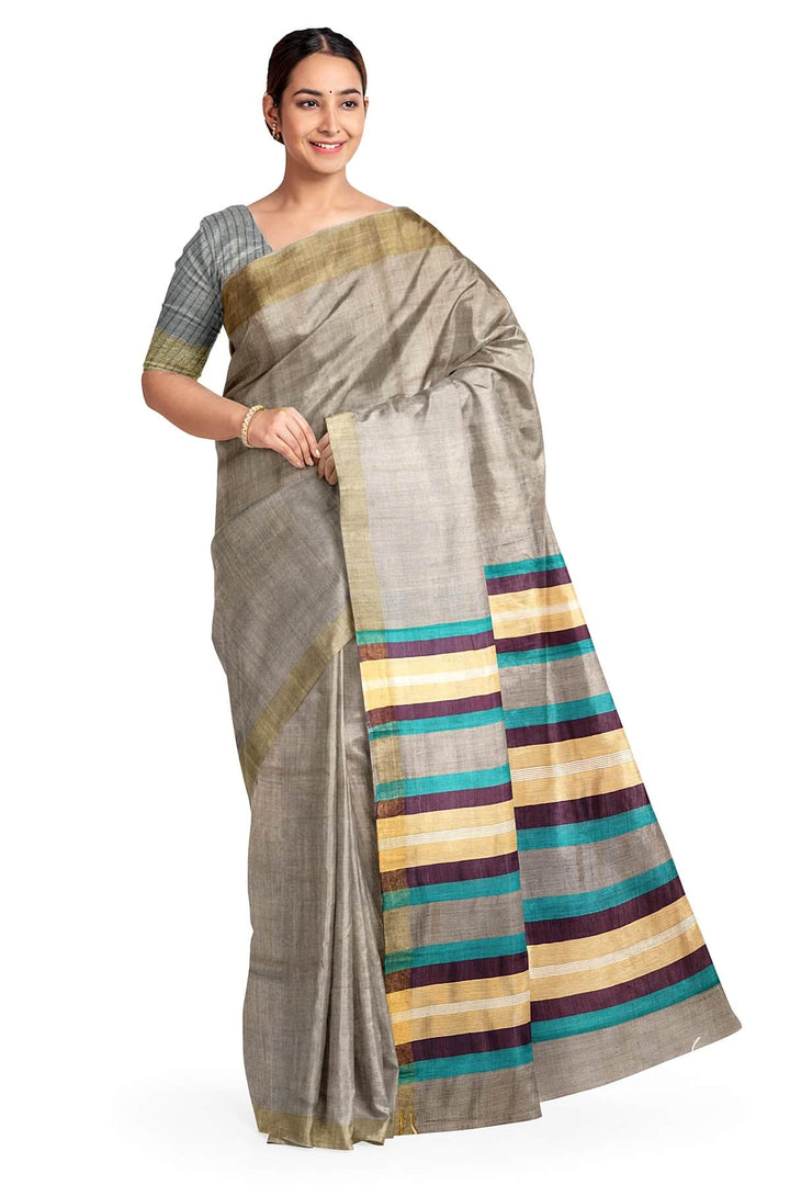 Handloom desi tussar pure silk saree in grey