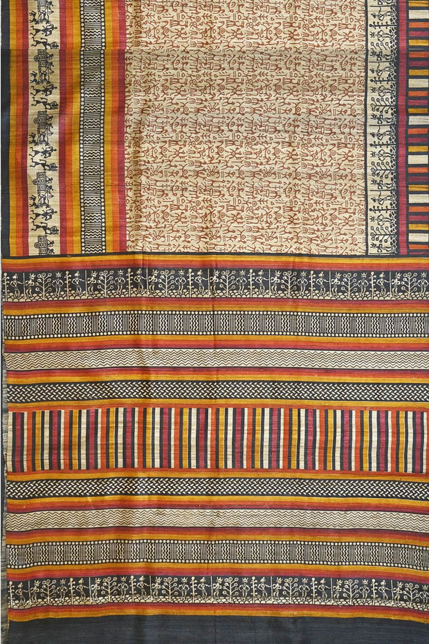 Handloom desi tussar pure silk saree in tribal art pattern