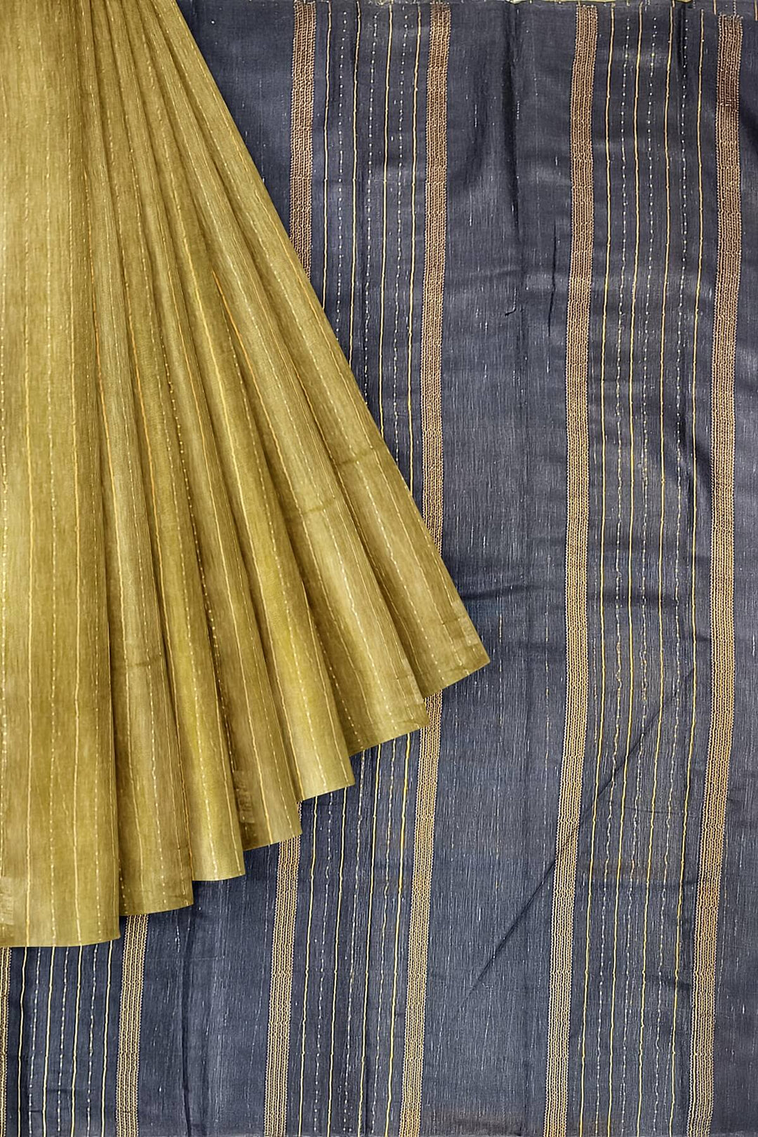 Desi tussar pure silk saree in olive green