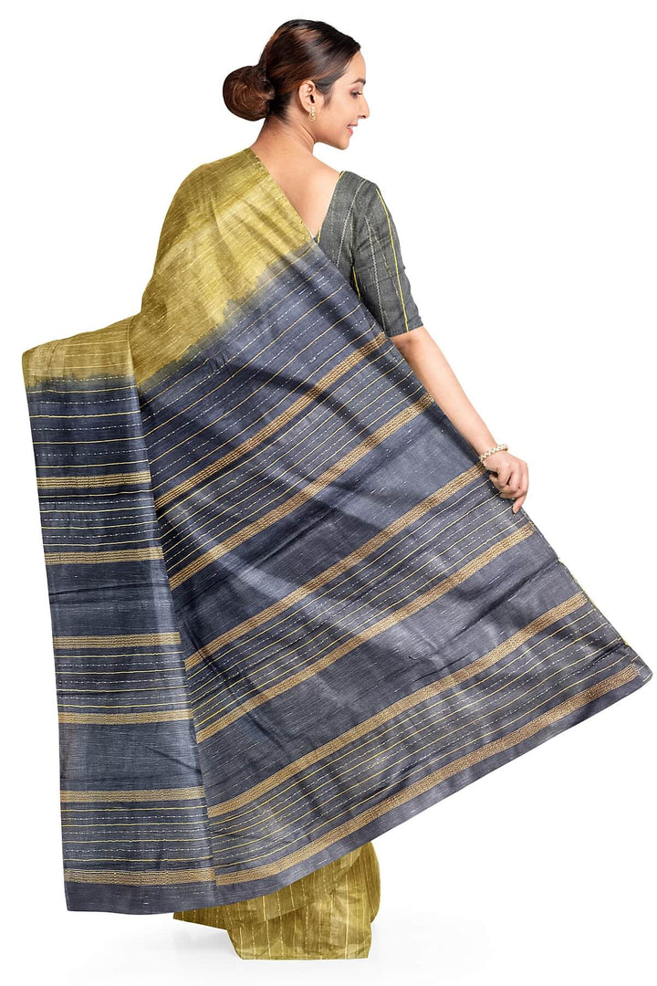 Desi tussar pure silk saree in olive green