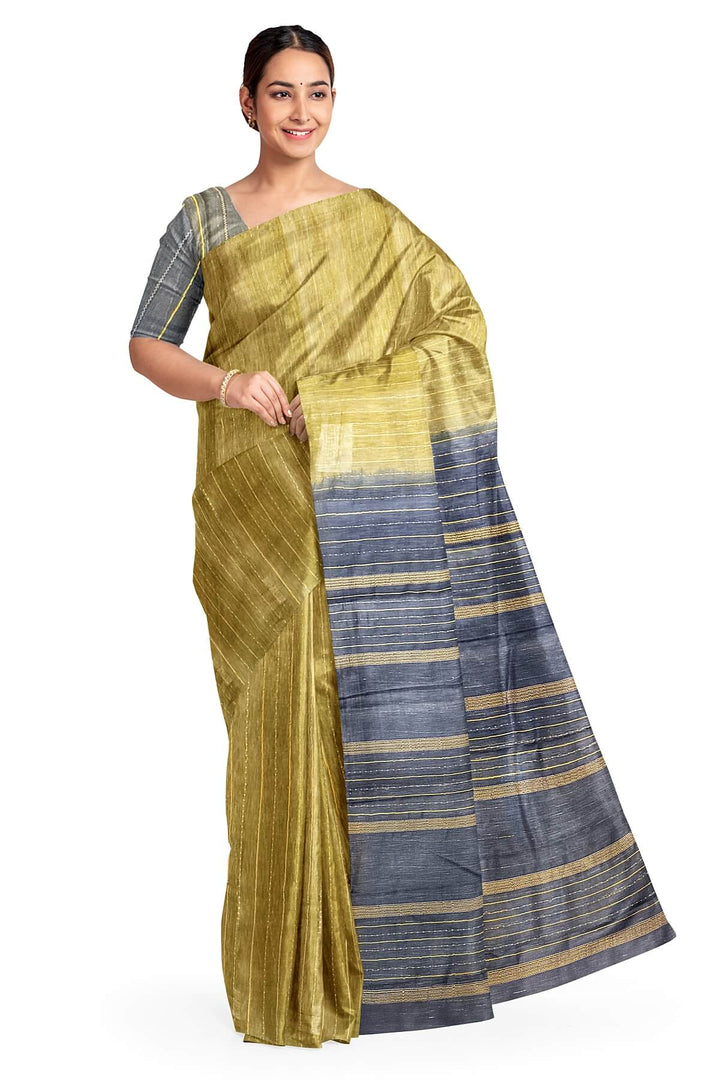 Desi tussar pure silk saree in olive green