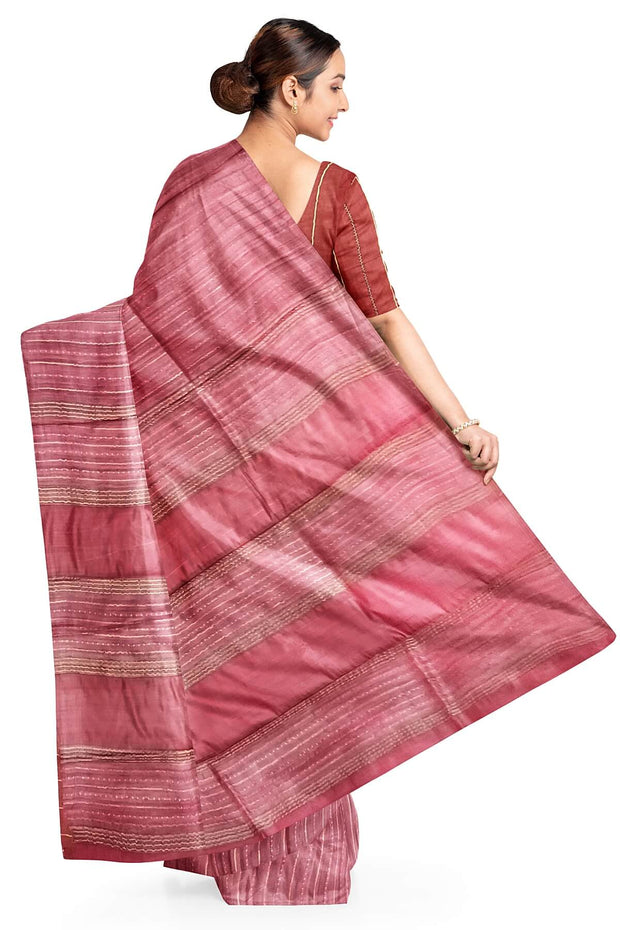 Handwoven desi tussar pure silk saree in pastel burgundy