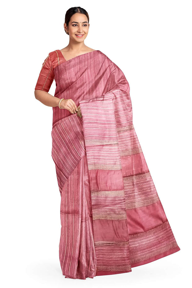 Handwoven desi tussar pure silk saree in pastel burgundy