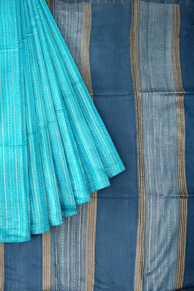 Handwoven desi tussar pure silk saree in teal blue
