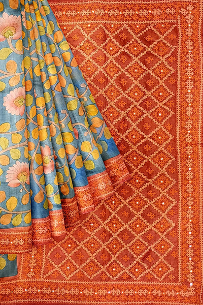 Hand painted kalamkari on  tussar silk saree in blue with kutch embroidery