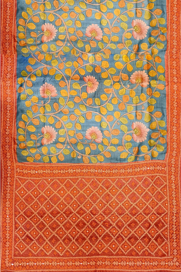 Hand painted kalamkari on  tussar silk saree in blue with kutch embroidery