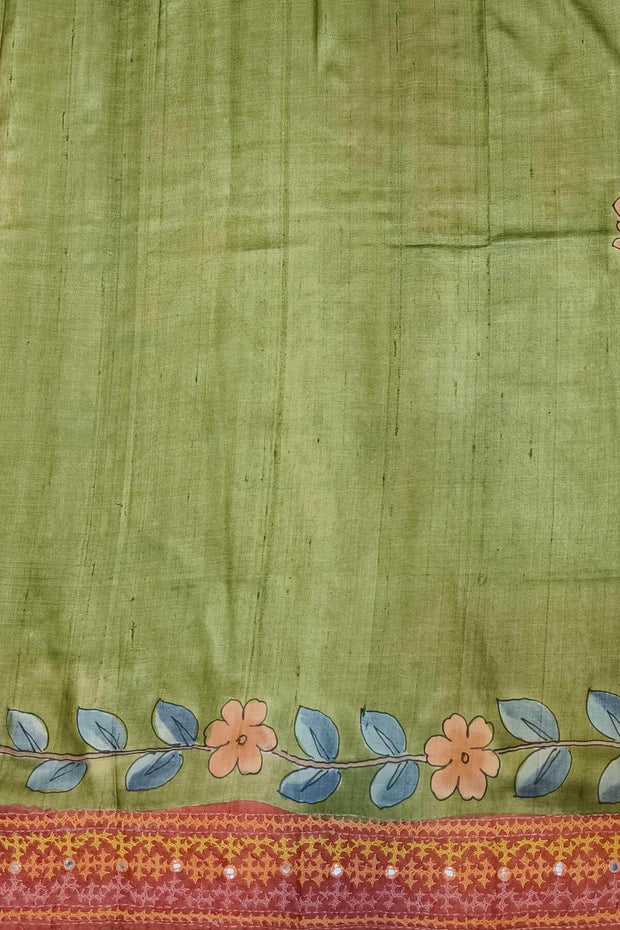 Hand painted kalamkari on  tussar silk saree in off white  with kutch embroidery