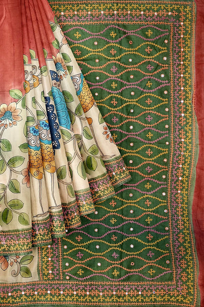 Hand painted kalamkari on  tussar silk saree in off white  with kutch embroidery