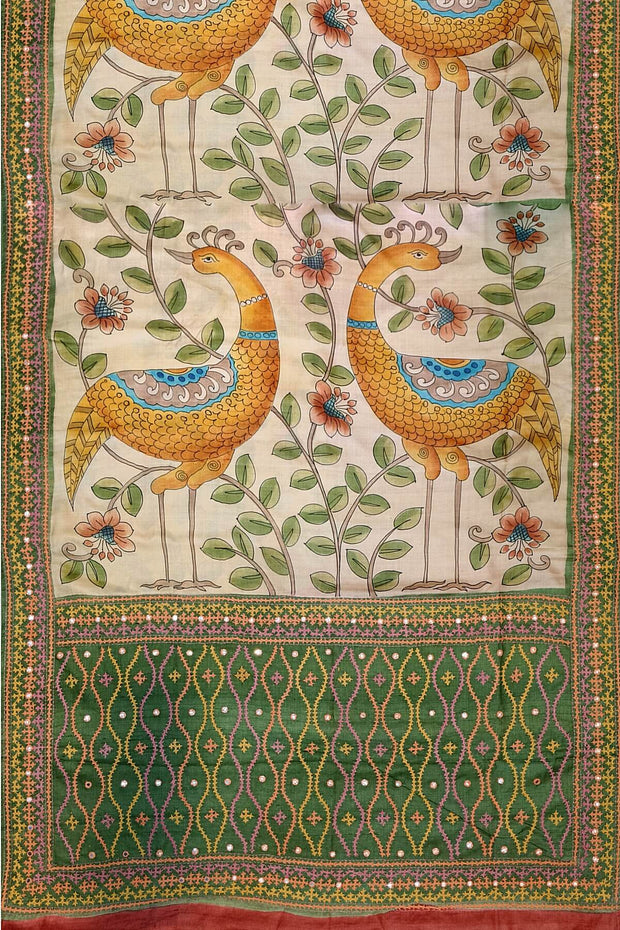 Hand painted kalamkari on  tussar silk saree in off white  with kutch embroidery