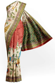 Hand painted kalamkari on  tussar silk saree in off white  with kutch embroidery