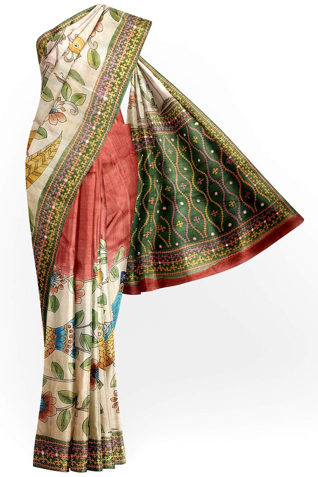 Hand painted kalamkari on  tussar silk saree in off white  with kutch embroidery