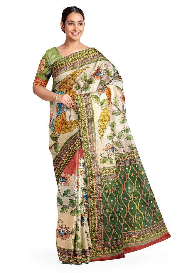 Hand painted kalamkari on  tussar silk saree in off white  with kutch embroidery