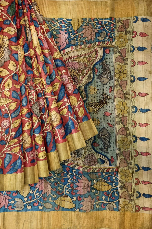 Hand painted kalamkari on  tussar silk saree