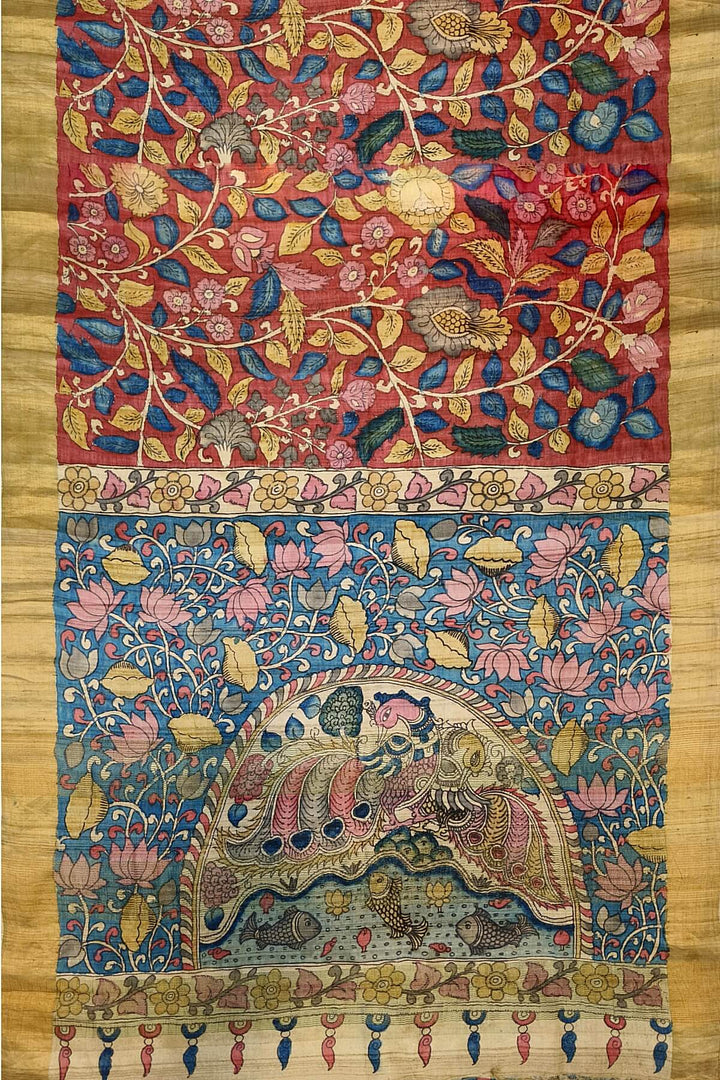 Hand painted kalamkari on  tussar silk saree