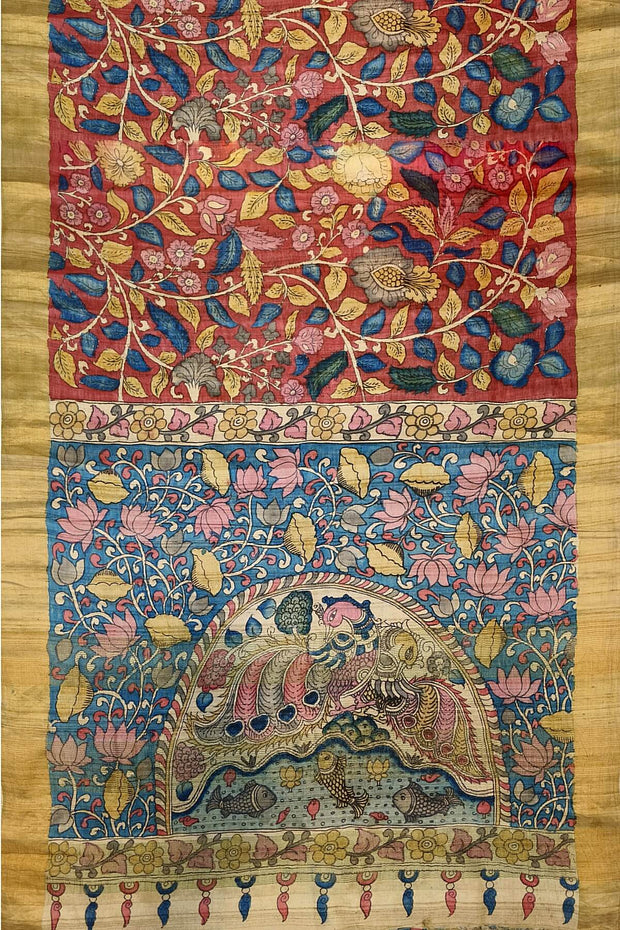 Hand painted kalamkari on  tussar silk saree