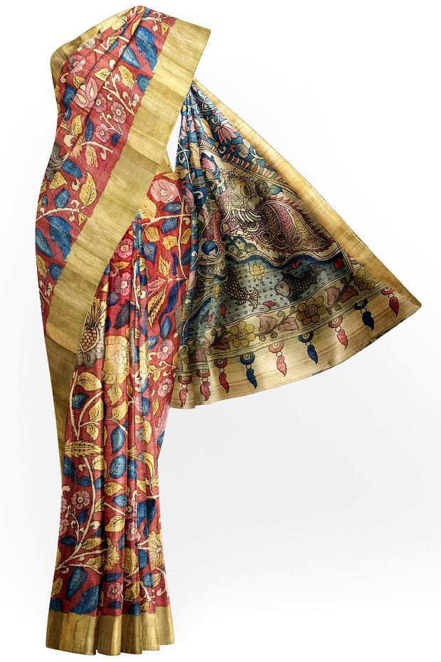 Hand painted kalamkari on  tussar silk saree