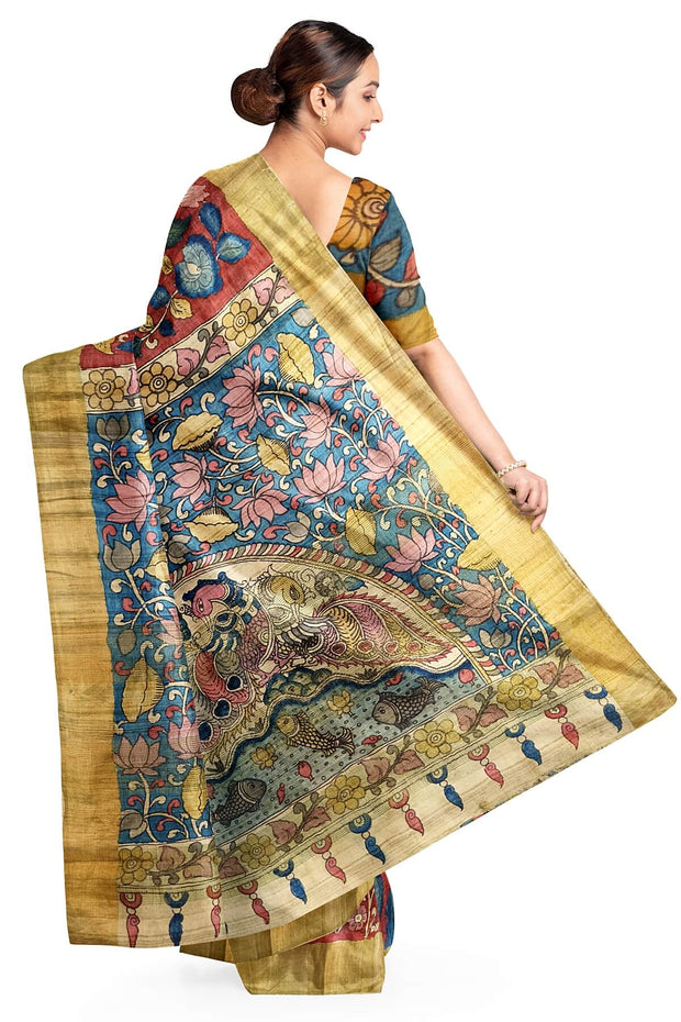 Hand painted kalamkari on  tussar silk saree