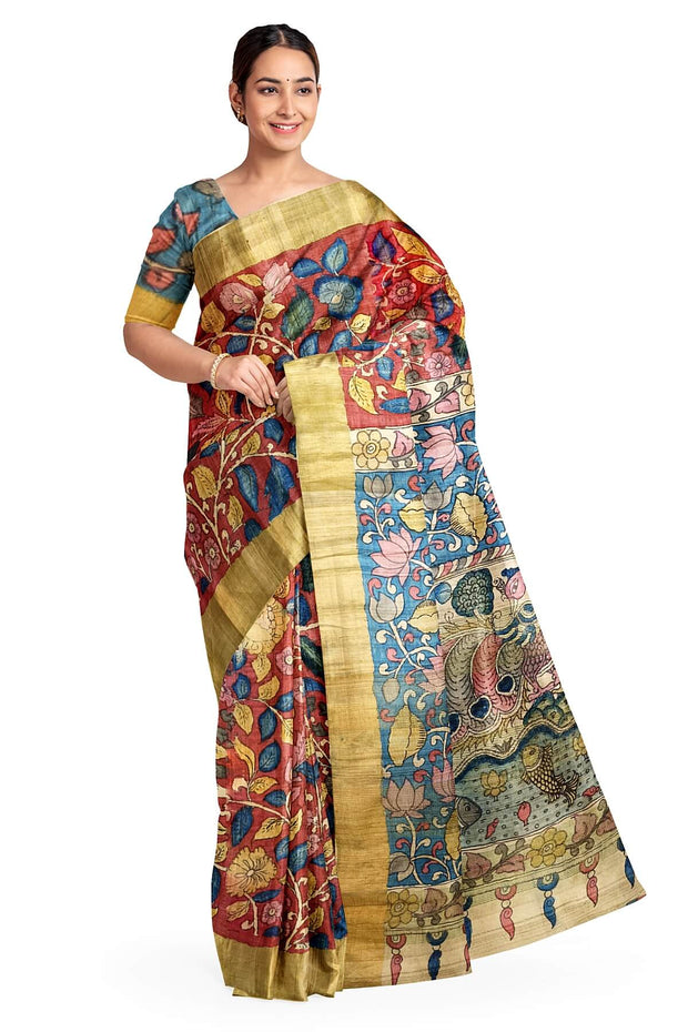 Hand painted kalamkari on  tussar silk saree
