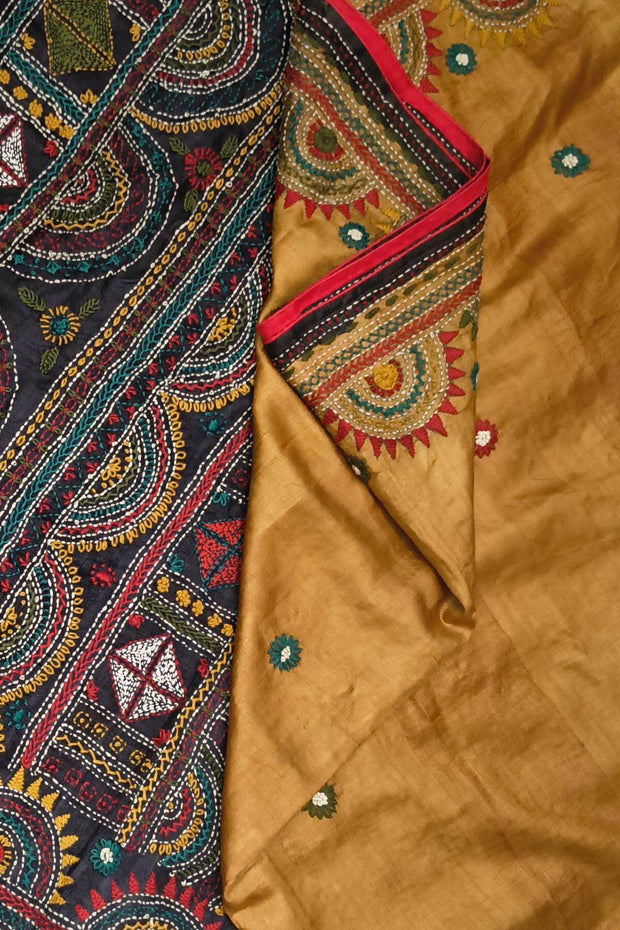 Lambani hand embroidery  on Tussar pure silk saree in mustard