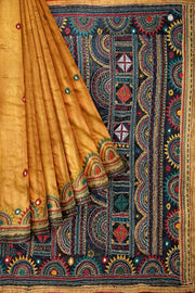 Lambani hand embroidery  on Tussar pure silk saree in mustard