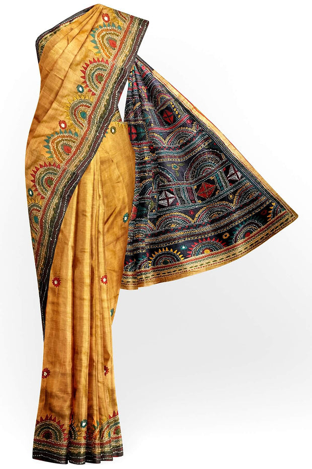 Lambani hand embroidery  on Tussar pure silk saree in mustard