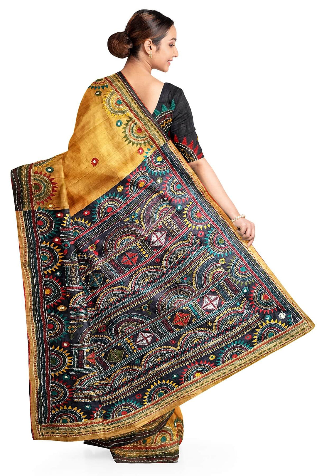 Lambani hand embroidery  on Tussar pure silk saree in mustard