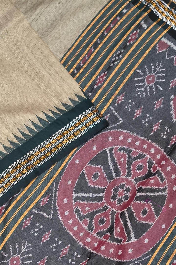 Vidarbha tussar pure silk saree in beige with  green & rust   border