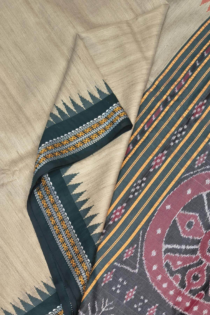 Vidarbha tussar pure silk saree in beige with  green & rust   border