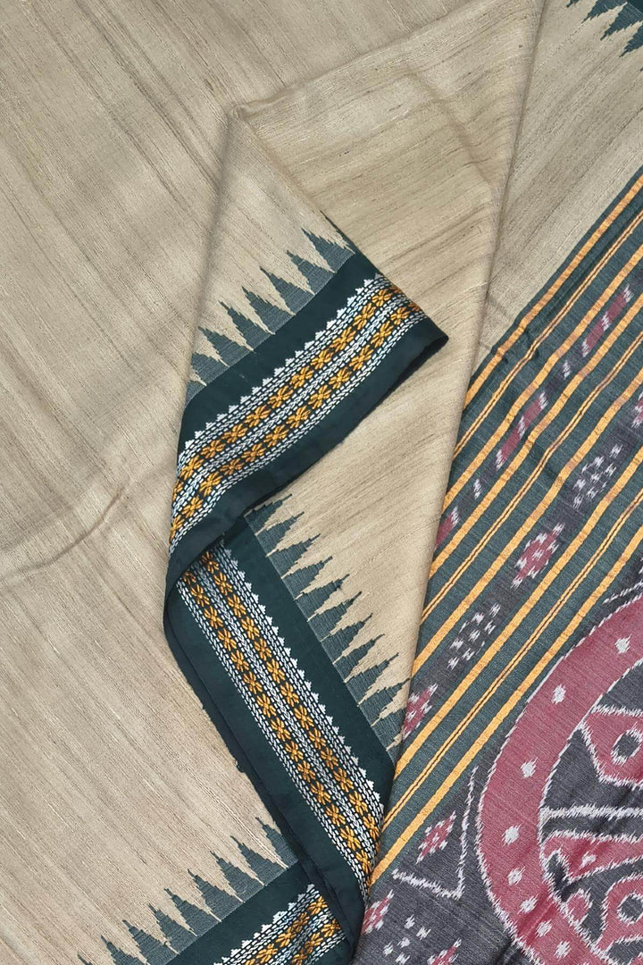 Vidarbha tussar pure silk saree in beige with  bottle green border