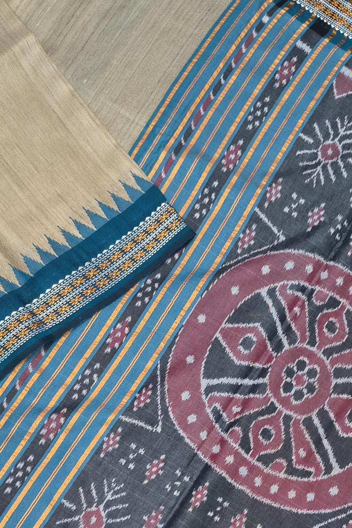 Vidarbha tussar pure silk saree in beige with  torquoise blue &  maroon   border