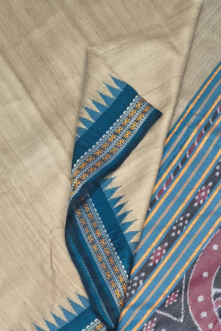 Vidarbha tussar pure silk saree in beige with  torquoise blue &  maroon   border