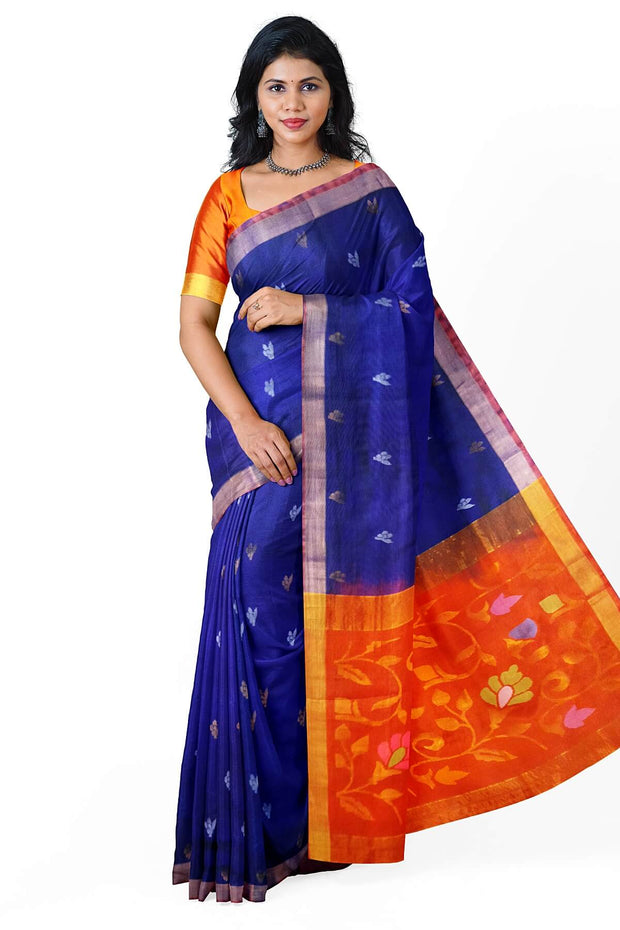 Handwoven Uppada pure silk saree  in violet  with gold & silver  buttas