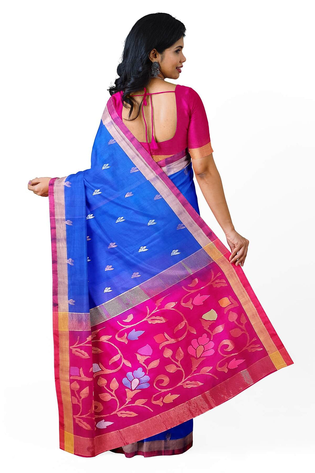 Handwoven Uppada pure silk saree  in cobalt blue  with gold & silver buttas