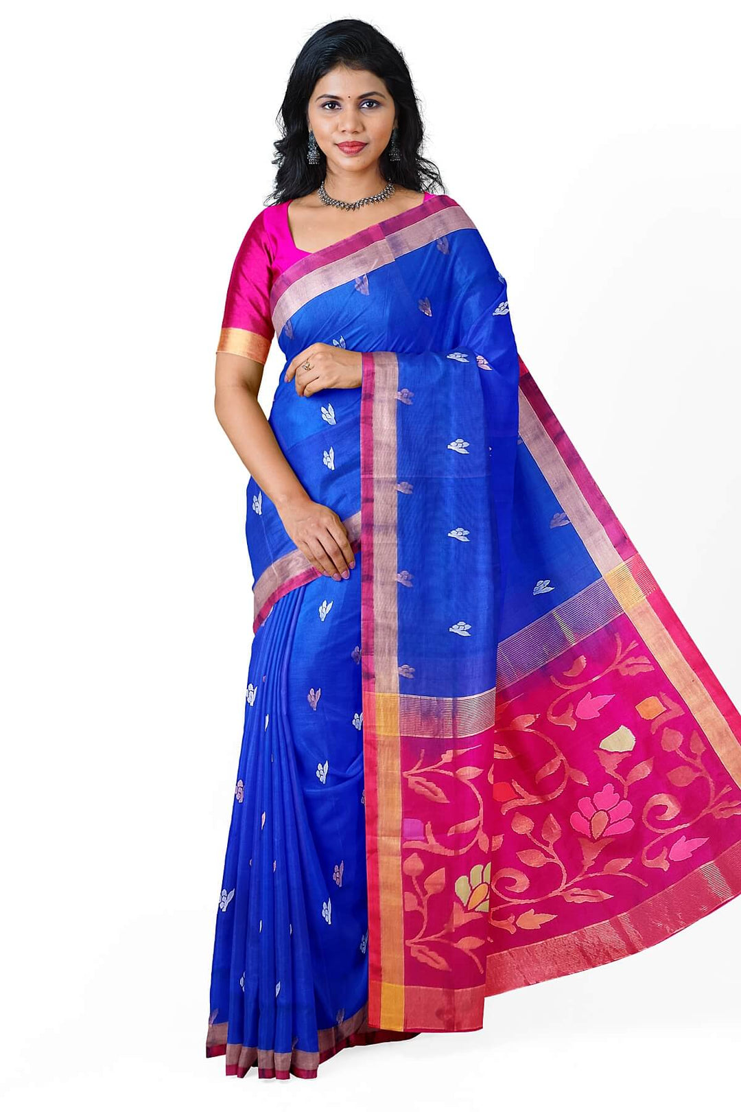 Handwoven Uppada pure silk saree  in cobalt blue  with gold & silver buttas