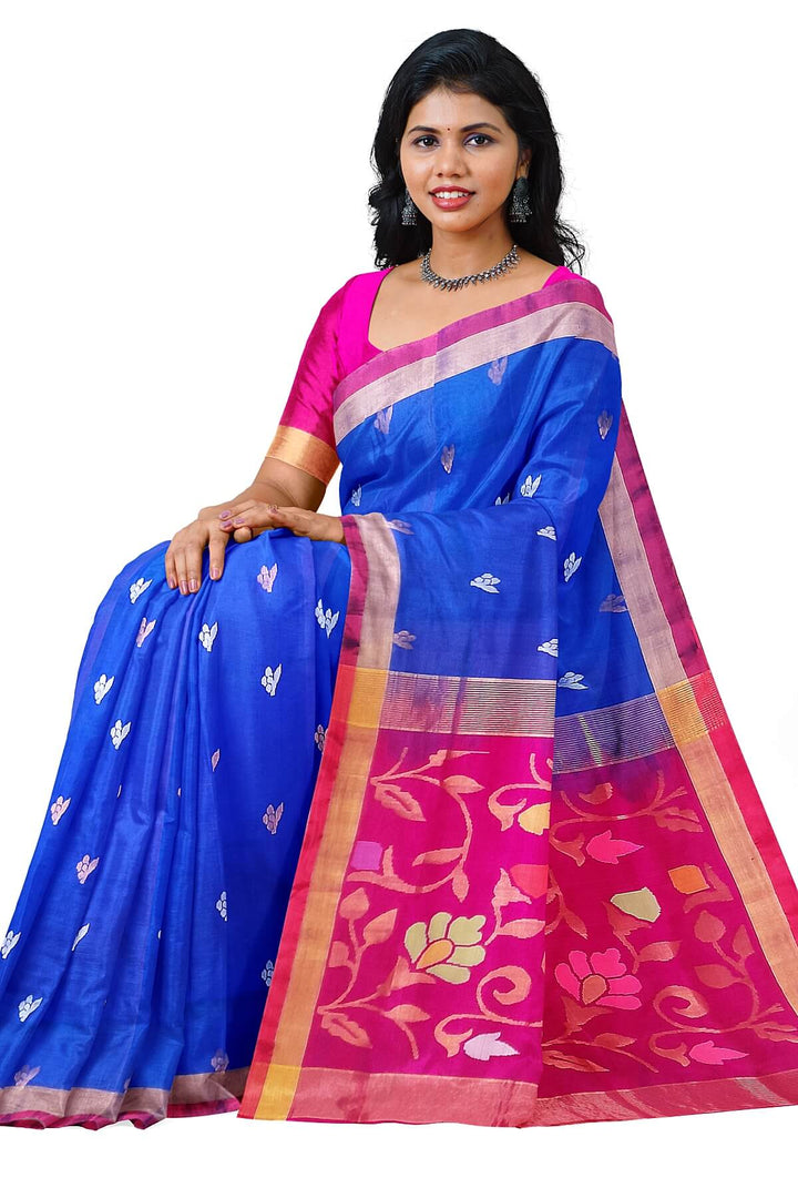 Handwoven Uppada pure silk saree  in cobalt blue  with gold & silver buttas