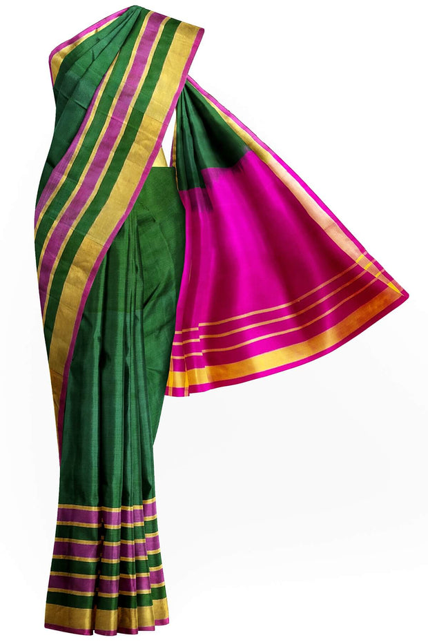 Handloom Uppada pure silk saree in bottle green with triveni border