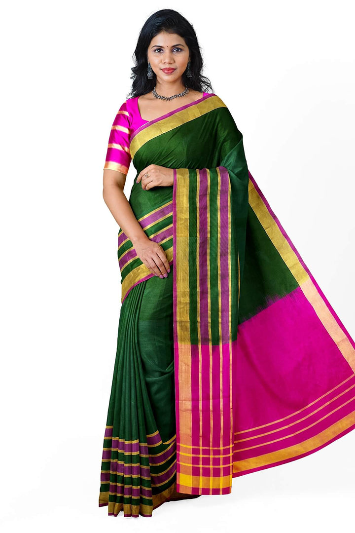 Handloom Uppada pure silk saree in bottle green with triveni border