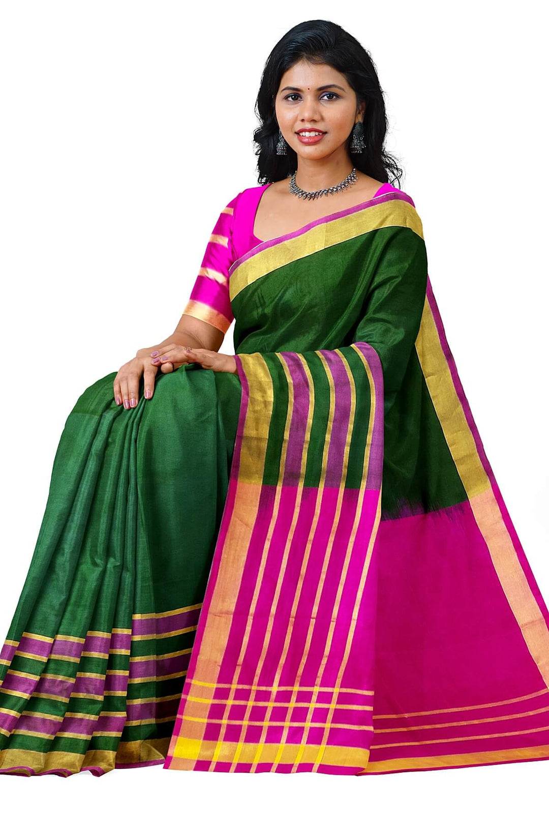 Handloom Uppada pure silk saree in bottle green with triveni border
