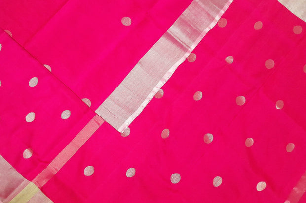 Handwoven Uppada pure silk saree in pink  with motifs, borders & blouse in silver