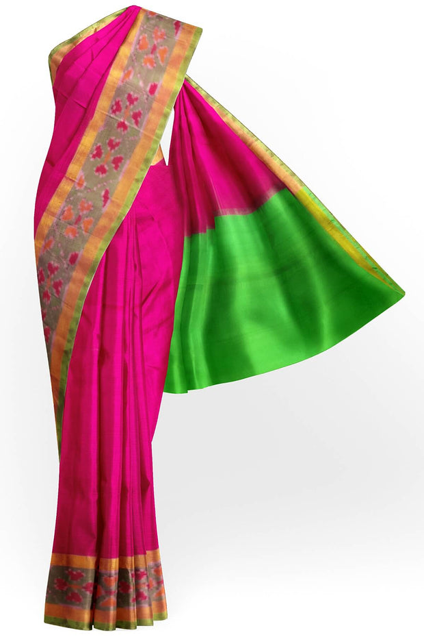 Handwoven Uppada pure silk saree in pink with ikat border