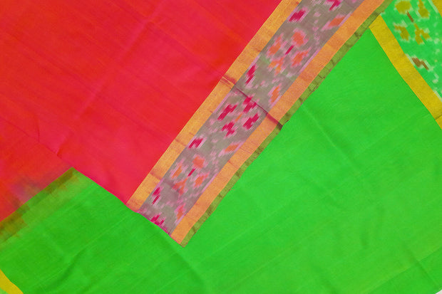 Handwoven Uppada pure silk saree in pinkish orange  with  ikat border