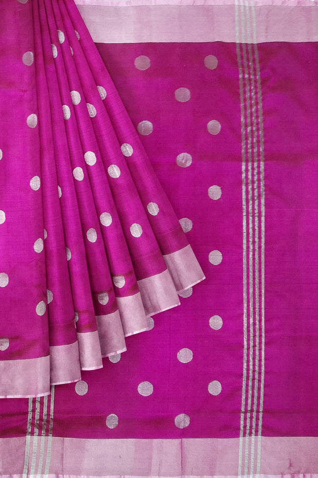 Handwoven Uppada pure silk saree in dark magenta  with motifs, borders & blouse in silver