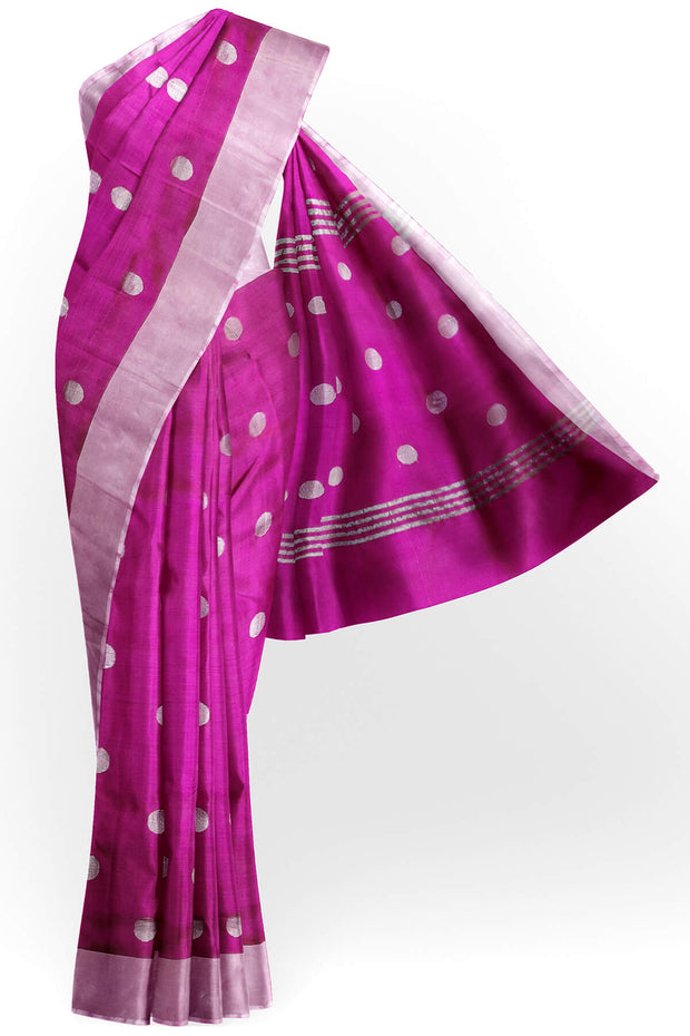 Handwoven Uppada pure silk saree in dark magenta  with motifs, borders & blouse in silver