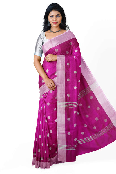 Handwoven Uppada pure silk saree in dark magenta  with motifs, borders & blouse in silver