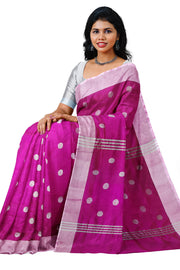 Handwoven Uppada pure silk saree in dark magenta  with motifs, borders & blouse in silver