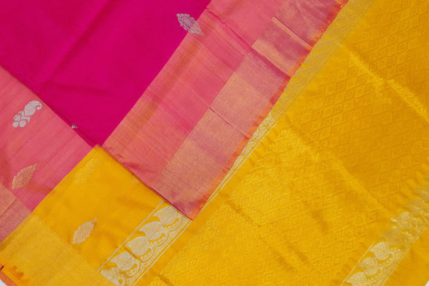 Handwoven Uppada pure silk saree in pink with floral  motifs in gold & silver.