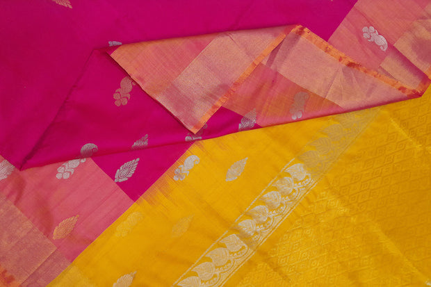 Handwoven Uppada pure silk saree in pink with floral  motifs in gold & silver.