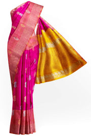 Handwoven Uppada pure silk saree in pink with floral  motifs in gold & silver.