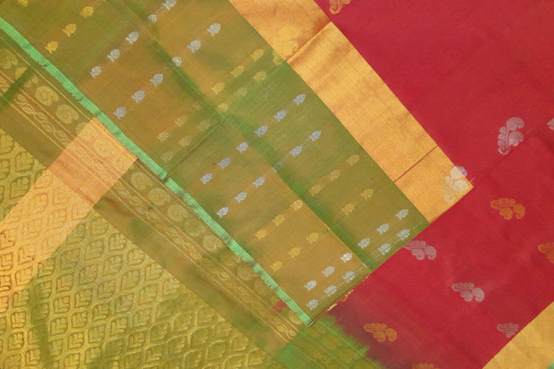 Handwoven Uppada pure silk saree in red with floral motifs in gold & silver.