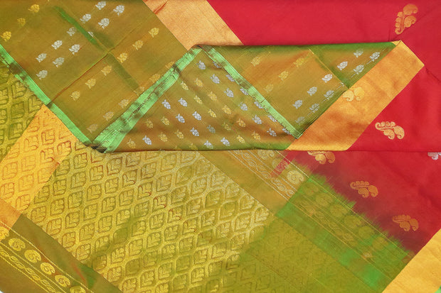 Handwoven Uppada pure silk saree in red with floral motifs in gold & silver.